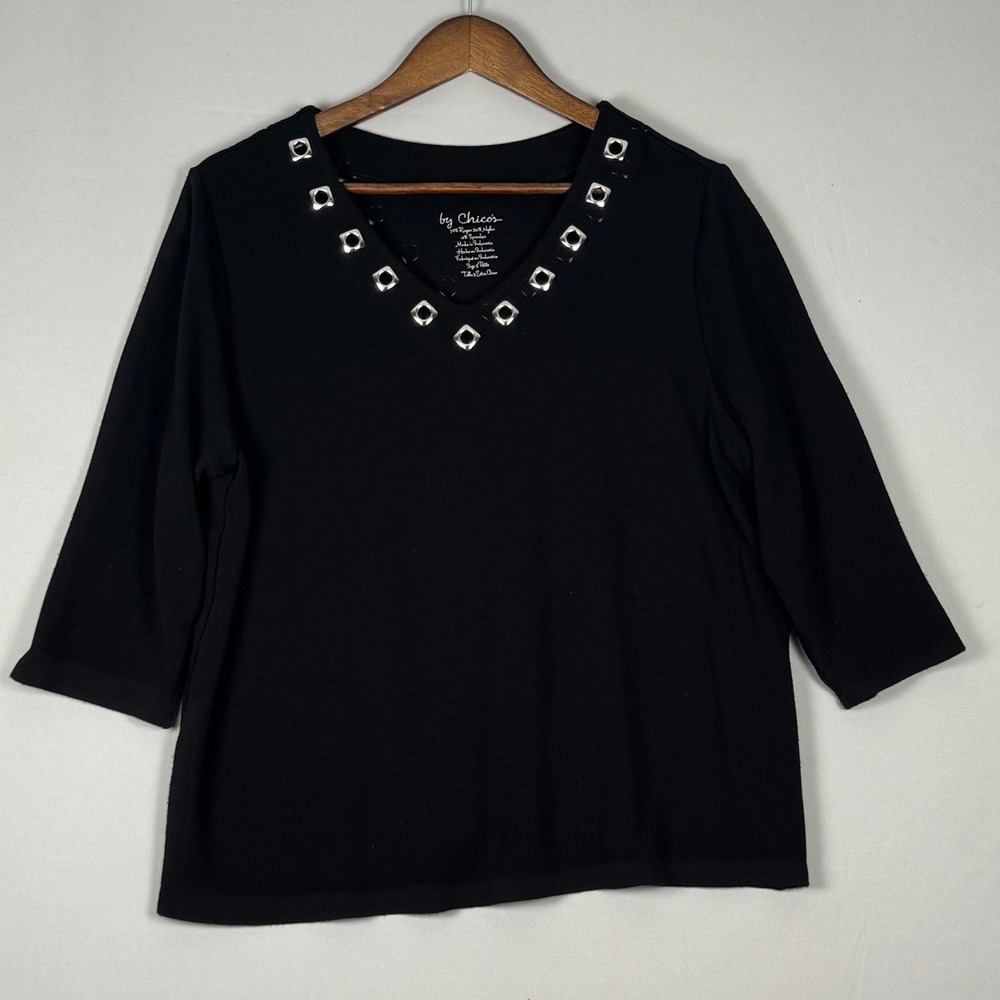 Chico's V-Neck Grommet Top Women 3 Petite XL Black NWOT 3/4 Sleeve Knit